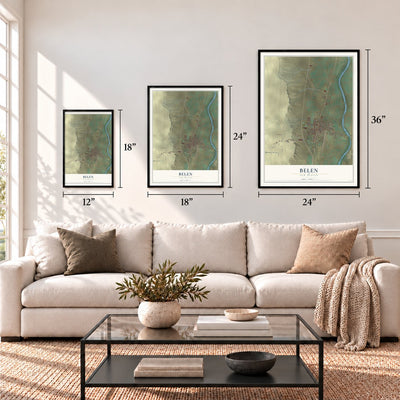 Belen, New Mexico map in 12 x 18, 18 x 24 and 24 x 36 inch sizes above a sofa