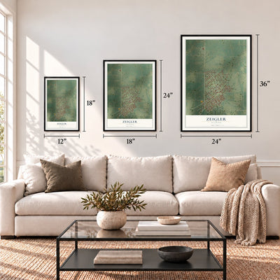 Zeigler, Illinois map in 12 x 18, 18 x 24 and 24 x 36 inch sizes above a sofa