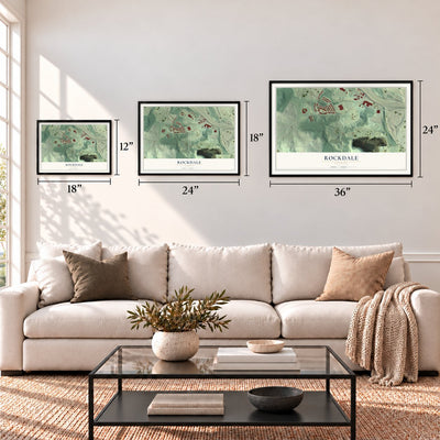 Rockdale, Georgia map in 12 x 18, 18 x 24 and 24 x 36 inch sizes above a sofa
