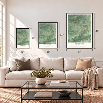 Tontitown, Arkansas map in 12 x 18, 18 x 24 and 24 x 36 inch sizes above a sofa