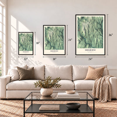 Shelburne, Massachusetts map in 12 x 18, 18 x 24 and 24 x 36 inch sizes above a sofa