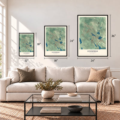 Lynnfield, Massachusetts map in 12 x 18, 18 x 24 and 24 x 36 inch sizes above a sofa