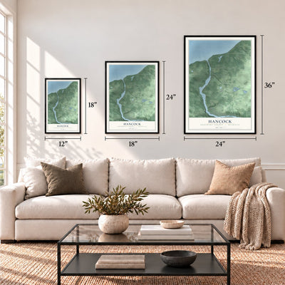 Hancock, Houghton County, Michigan map in 12 x 18, 18 x 24 and 24 x 36 inch sizes above a sofa
