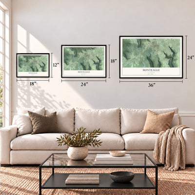 Monteagle, Tennessee map in 12 x 18, 18 x 24 and 24 x 36 inch sizes above a sofa
