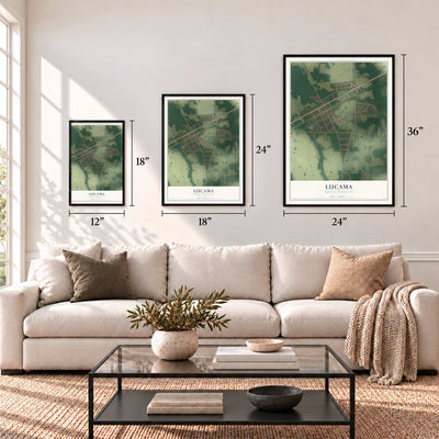 Lucama, North Carolina map in 12 x 18, 18 x 24 and 24 x 36 inch sizes above a sofa