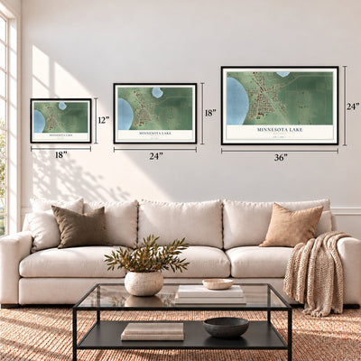 Minnesota Lake, Minnesota map in 12 x 18, 18 x 24 and 24 x 36 inch sizes above a sofa