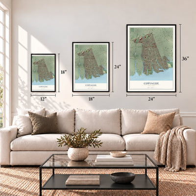 Copiague, New York map in 12 x 18, 18 x 24 and 24 x 36 inch sizes above a sofa