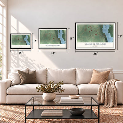 Village of Coxsackie, New York map in 12 x 18, 18 x 24 and 24 x 36 inch sizes above a sofa