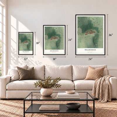 Millbourne, Pennsylvania map in 12 x 18, 18 x 24 and 24 x 36 inch sizes above a sofa