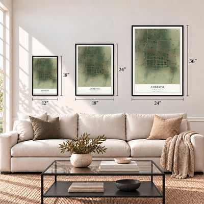 Ambrose, North Dakota map in 12 x 18, 18 x 24 and 24 x 36 inch sizes above a sofa