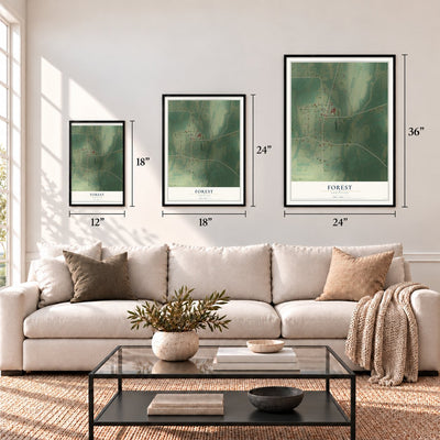 Forest, Louisiana map in 12 x 18, 18 x 24 and 24 x 36 inch sizes above a sofa