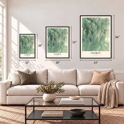 Leverett, Massachusetts map in 12 x 18, 18 x 24 and 24 x 36 inch sizes above a sofa