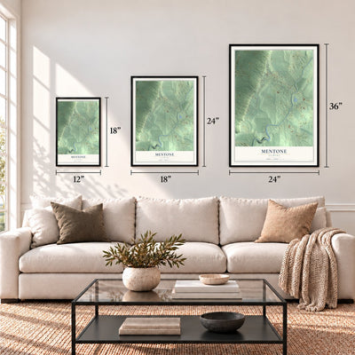 Mentone, Alabama map in 12 x 18, 18 x 24 and 24 x 36 inch sizes above a sofa