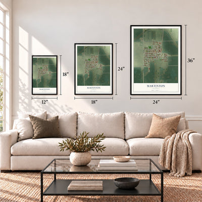 Martinton, Illinois map in 12 x 18, 18 x 24 and 24 x 36 inch sizes above a sofa