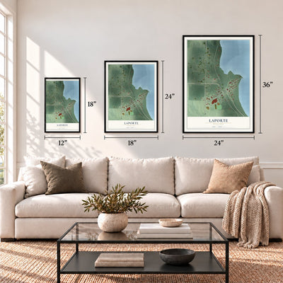 Laporte, Minnesota map in 12 x 18, 18 x 24 and 24 x 36 inch sizes above a sofa
