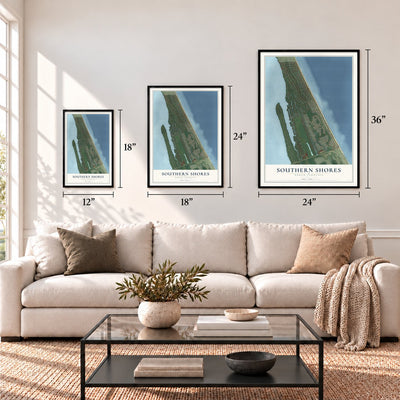 Southern Shores, North Carolina map in 12 x 18, 18 x 24 and 24 x 36 inch sizes above a sofa