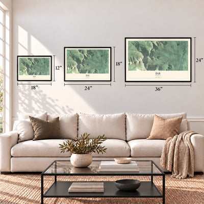 Jay, Vermont map in 12 x 18, 18 x 24 and 24 x 36 inch sizes above a sofa