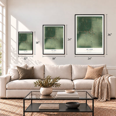 St. Leo, Minnesota map in 12 x 18, 18 x 24 and 24 x 36 inch sizes above a sofa