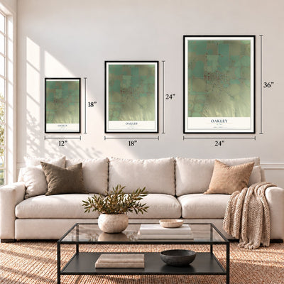 Oakley, Idaho map in 12 x 18, 18 x 24 and 24 x 36 inch sizes above a sofa