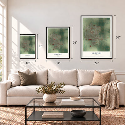 Hugoton, Kansas map in 12 x 18, 18 x 24 and 24 x 36 inch sizes above a sofa