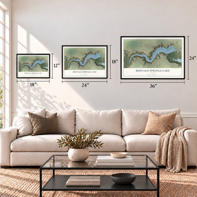 Buffalo Springs Lake, Texas map in 12 x 18, 18 x 24 and 24 x 36 inch sizes above a sofa