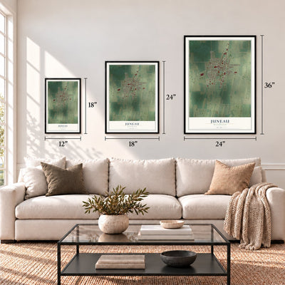 Juneau, Wisconsin map in 12 x 18, 18 x 24 and 24 x 36 inch sizes above a sofa