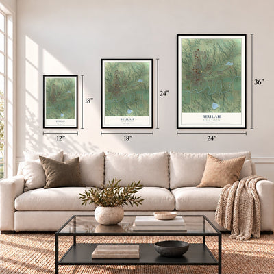 Beulah, North Dakota map in 12 x 18, 18 x 24 and 24 x 36 inch sizes above a sofa