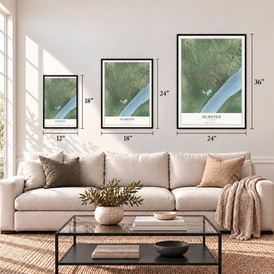 Olmsted, Illinois map in 12 x 18, 18 x 24 and 24 x 36 inch sizes above a sofa