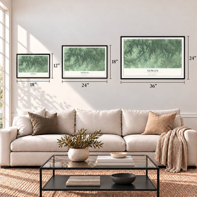 Newlin, Pennsylvania map in 12 x 18, 18 x 24 and 24 x 36 inch sizes above a sofa