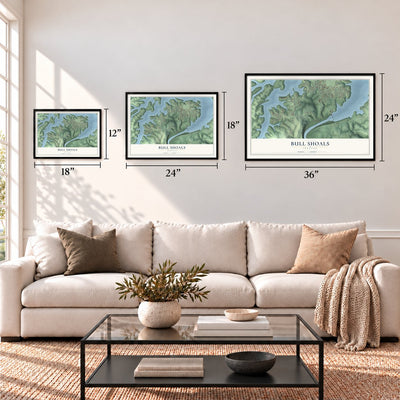 Bull Shoals, Arkansas map in 12 x 18, 18 x 24 and 24 x 36 inch sizes above a sofa