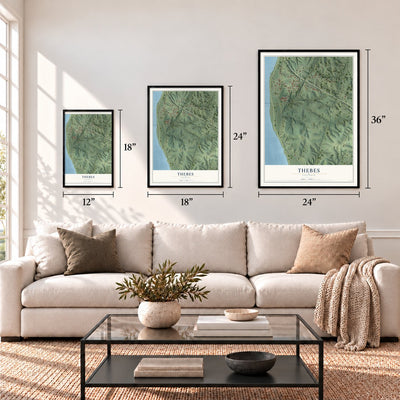 Thebes, Illinois map in 12 x 18, 18 x 24 and 24 x 36 inch sizes above a sofa