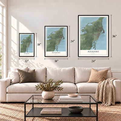 Rockport, Texas map in 12 x 18, 18 x 24 and 24 x 36 inch sizes above a sofa
