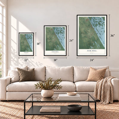 Oak Hill, Florida map in 12 x 18, 18 x 24 and 24 x 36 inch sizes above a sofa