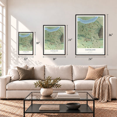 Cleveland, Illinois map in 12 x 18, 18 x 24 and 24 x 36 inch sizes above a sofa