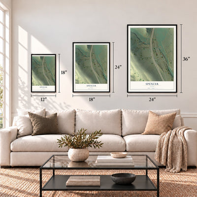 Spencer, Idaho map in 12 x 18, 18 x 24 and 24 x 36 inch sizes above a sofa