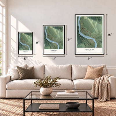 Albright, West Virginia map in 12 x 18, 18 x 24 and 24 x 36 inch sizes above a sofa