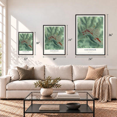 East Butler, Pennsylvania map in 12 x 18, 18 x 24 and 24 x 36 inch sizes above a sofa