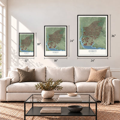 Everett, Massachusetts map in 12 x 18, 18 x 24 and 24 x 36 inch sizes above a sofa