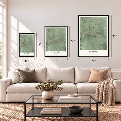 Oakview, Missouri map in 12 x 18, 18 x 24 and 24 x 36 inch sizes above a sofa