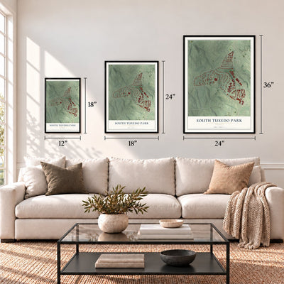 South Tuxedo Park, Georgia map in 12 x 18, 18 x 24 and 24 x 36 inch sizes above a sofa