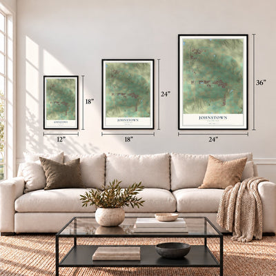 Johnstown, Colorado map in 12 x 18, 18 x 24 and 24 x 36 inch sizes above a sofa