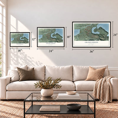 Grand Coulee, Washington map in 12 x 18, 18 x 24 and 24 x 36 inch sizes above a sofa