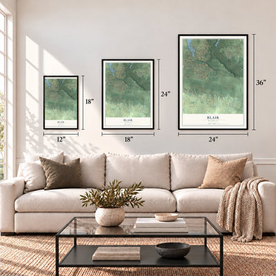 Blair, Michigan map in 12 x 18, 18 x 24 and 24 x 36 inch sizes above a sofa