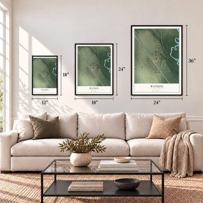 Watson, Minnesota map in 12 x 18, 18 x 24 and 24 x 36 inch sizes above a sofa