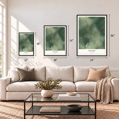 Girard, Georgia map in 12 x 18, 18 x 24 and 24 x 36 inch sizes above a sofa