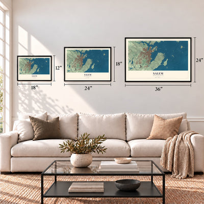 Salem, Massachusetts map in 12 x 18, 18 x 24 and 24 x 36 inch sizes above a sofa