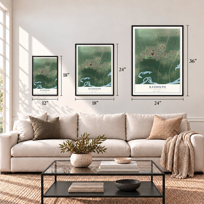 Randolph, Minnesota map in 12 x 18, 18 x 24 and 24 x 36 inch sizes above a sofa