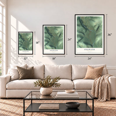 Stillwater, Pennsylvania map in 12 x 18, 18 x 24 and 24 x 36 inch sizes above a sofa