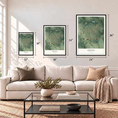 Gretna, Virginia map in 12 x 18, 18 x 24 and 24 x 36 inch sizes above a sofa