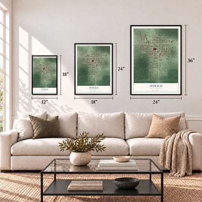 Ipswich, South Dakota map in 12 x 18, 18 x 24 and 24 x 36 inch sizes above a sofa